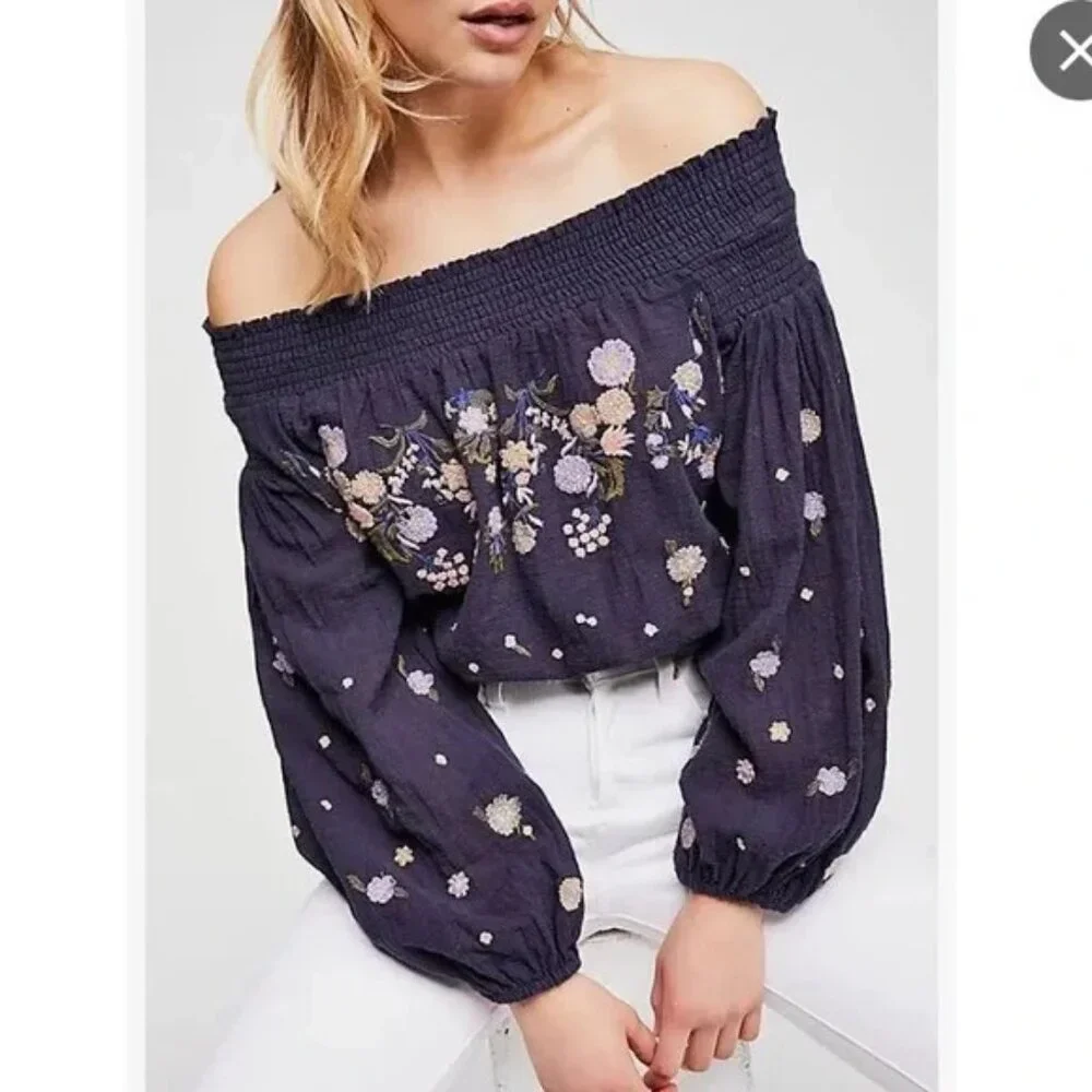 Free People‎ Black Pink Embroidered Floral Off The Shoulder Top